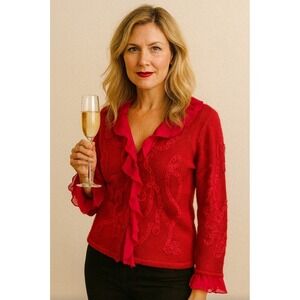 VTG West End Holiday Red Ruffle V Neck Ribbon Y2K 90's Cardigan Womens Size Med